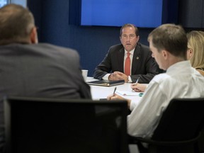 In this Wednesday, Sept. 12, 2018, photo Health & Human Services Secretary Alex Azar speaks during an interview with The Associated Pressin New York. Azar the administration's point person for efforts to lower drug prices, conceded in a recent AP interview that it will be a while before drug prices fall.