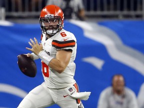 FILE - In this Aug. 30, 2018, file photo, Cleveland Browns quarterback Baker Mayfield scrambles during the first half of an NFL football preseason game against the Detroit Lions in Detroit. Mayfield is humbled by the praise he received from Saints quarterback Drew Brees, who thinks Cleveland's rookie is destined for stardom.