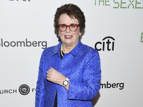 FILE - In this Sept. 19, 2017 file photo, tennis great Billie Jean King attends a special screening of Fox Searchlight's "Battle of the Sexes" in New York. The New-York Historical Society announced Tuesday, Sept. 4, 2018, that a photo exhibit, "Billie Jean King: The Road to 75," will run from Oct. 19 through Jan. 27, 2019. The exhibit will feature photographs from her storied life and career as player and activist.