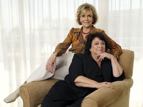 In this July 25, 2018 photo, actress Jane Fonda, background, and Susan Lacy, director of the HBO documentary "Jane Fonda in Five Acts," pose together at the Beverly Hilton in Beverly Hills, Calif.  The documentary premieres on Sept. 24 at 8 p.m. ET.