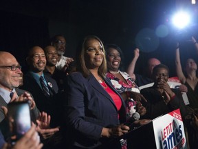 Letitia James delivers a victory speech after winning the primary election for attorney general Thursday, Sept. 13, 2018, in New York. James would become the first black woman to hold statewide elected office in New York if she prevails in the general election.