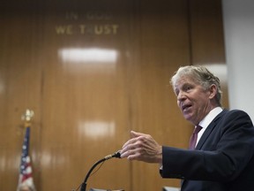 Manhattan District Attorney, Cyrus Vance, Jr., speaks to reporters after a hearing in Manhattan criminal court, Wednesday, Sept. 12, 2018, in New York. Vance Jr. successfully asked a court on Wednesday to scrap more than 3,000 warrants for people who missed court dates in marijuana possession cases. It also tossed out the misdemeanor and violation-level marijuana cases themselves. Some dated to the 1970s.