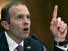 FILE- In this Oct. 31, 2017 file photo, Federal Emergency Management Agency Administrator Brock Long testifies before the Senate Governmental Affairs Committee on Capitol Hill in Washington, during a hearing on the federal response to the 2017 hurricane season. The Wall Street Journal reports that Long is being investigated by Homeland Security's internal watchdog and a congressional committee for the possible misuse of government vehicles.