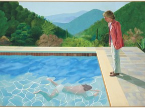 This undated photo provided by Christie's Images Ltd. 2018, shows a painting by David Hockney entitled "Portrait of an Artist (Pool with Two Figures)." Christie's expects the painting to set a new record for a work by a living artist sold at auction, in their November 2018 sale. The previous record was held by Jeff Koons' "Balloon Dog," which sold for $58.4 million in 2013. (Christie's Images Ltd. 2018 via AP)
