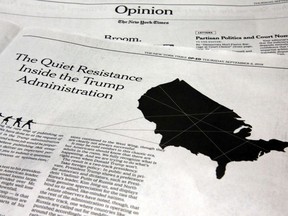 This photo shows an anonymous opinion piece in The New York Times in New York, Thursday, Sept. 6, 2018. President Donald Trump lashed out against the anonymous senior official who wrote it, claiming to be part of a "resistance" working "from within" to thwart the commander-in-chief's most dangerous impulses.
