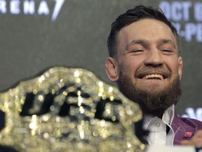 Conor McGregor participates in a news conference in New York, Thursday, Sept. 20, 2018. McGregor is returning to UFC after a two-year absence. He fights undefeated Khabib Nurmagomedov on Oct. 6, a bout certain to shatter UFC pay-per-view view records.