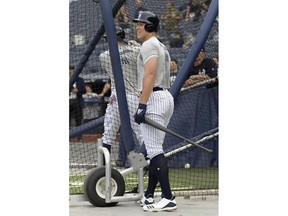 New York Yankees' Aaron Judge waits to hit during batting practice before a baseball game against the Toronto Blue Jays, Friday, Sept. 14, 2018, at Yankee Stadium in New York.