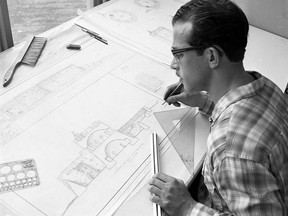 Alex Storm is seen at a drawing board in this March 1965 photo during the reconstruction of the Fortress of Louisbourg.