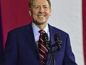 Democratic gubernatorial candidate Richard Cordray speaks at a campaign rally, Thursday, Sept. 13, 2018, in Cleveland.