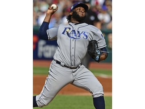 Tampa Bay Rays starting pitcher Diego Castillo delivers in the first inning of a baseball game against the Cleveland Indians, Sunday, Sept. 2, 2018, in Cleveland.