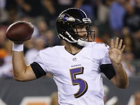 Baltimore Ravens quarterback Joe Flacco throws in the first half of an NFL football game, Thursday, Sept. 13, 2018, in Cincinnati.