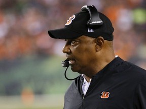 Cincinnati Bengals head coach Marvin Lewis works the sideline in the second half of an NFL football game against the Baltimore Ravens, Thursday, Sept. 13, 2018, in Cincinnati.