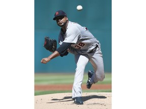 Detroit Tigers starting pitcher Francisco Liriano delivers against the Cleveland Indians during the first inning of a baseball game, Sunday, Sept. 16, 2018, in Cleveland.