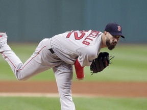 Boston Red Sox starting pitcher Rick Porcello delivers in the first inning of a baseball game against the Cleveland Indians, Saturday, Sept. 22, 2018, in Cleveland.