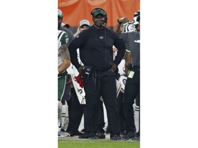 New York Jets coach Todd Bowles watches during the first half of the team's NFL football game against the Cleveland Browns, Thursday, Sept. 20, 2018, in Cleveland.