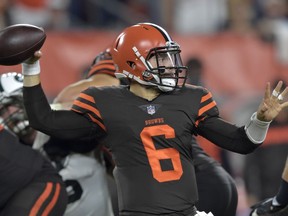 Cleveland Browns quarterback Baker Mayfield throws a pass against the New York Jets during the first half of an NFL football game Thursday, Sept. 20, 2018, in Cleveland.
