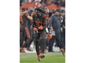 Cleveland Browns wide receiver Jarvis Landry celebrates after the Browns intercepted a New York Jets pass in the final minute of an NFL football game Thursday, Sept. 20, 2018, in Cleveland. The Browns won 21-17.