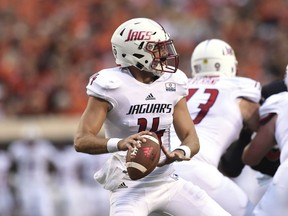 South Alabama quarterback Evan Orth looks for an open teammate during the first half of an NCAA college football game against Oklahoma State in Stillwater, Okla., Saturday, Sept. 8, 2018.