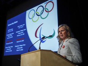 Calgary 2026 Bid Corporation CEO Mary Moran delivers a briefing discussing the technical elements of its plan for the 2026 Olympic and Paralympic Winter Games prior to the plan being presented to Calgary City Council, in Calgary, Alta., Tuesday, Sept. 11, 2018.