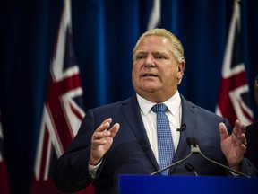 Ontario Premier Doug Ford makes an announcement at Queen's Park in Toronto, on Friday, July 27, 2018.