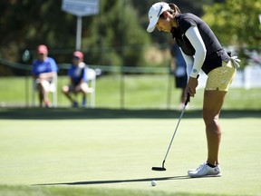 Marina Alex hits a putt on the first hole during the final round of the LPGA Cambia Portland Classic golf tournament in Portland, Ore., Sunday, Sept. 2, 2018.