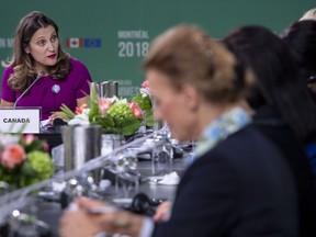Canadian Foreign Affairs Minister Chrystia Freeland addresses the opening session of the Women Foreign Ministers meeting in Montreal on Friday, September 21, 2018.
