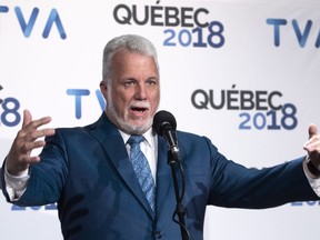 Liberal leader Philippe Couillard responds to questions following the third Quebec elections leaders debate Montreal, on Thursday, September 20, 2018.
