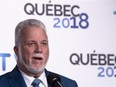 Liberal leader Philippe Couillard responds to questions following the third Quebec elections leaders debate Montreal, on Thursday, September 20, 2018.