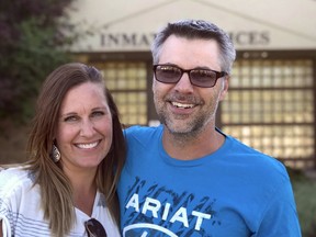 CORRECTS DATE TO AUG. 3-This photo provided by the Oregon Justice Resource Center shows Josh Horner with his wife Kelli Horner after his release from the Deschutes County Jail in Bend, Ore., Monday, Aug. 3, 2018. The Oregon man, sentenced to 50 years in prison, has walked free after a district attorney asked for dismissal of the sex-abuse case against him.