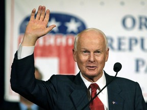FILE - In this Nov. 8, 2016, file photo, Dennis Richardson, the Oregon Republican Secretary of state candidate, waves to the crowd during an election night event at the Salem Convention Center in Salem, Ore. Richardson has announced the "first of its kind pilot program" for Oregon to use Facebook to contact inactive voters to remind them to update their registration.