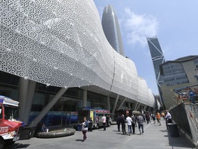 FILE - In this file photo taken Aug. 15, 2018, food trucks line up outside the new Transbay Transit Center in San Francisco. San Francisco officials shut down the city's $2.2 billion transit terminal Tuesday, Sept. 25, 2018, after a crack was found in a steel beam.