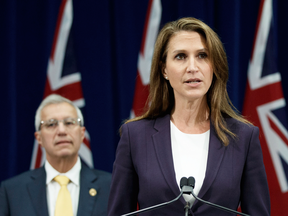 Ontario's Attorney General Caroline Mulroney and Finance Minister Vic Fedeli speak about new legislation for selling marijuana, Sept. 26, 2018.