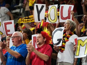 Fans show support for Belgium during the Women's basketball World Cup semi final match between Belgium and the U.S.A. in Tenerife, Spain, Saturday Sept. 29, 2018.