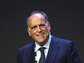 Javier Tebas, the president of the Spanish La Liga speaks during the World Football summit in Madrid, Spain, Monday, Sept. 24, 2018.