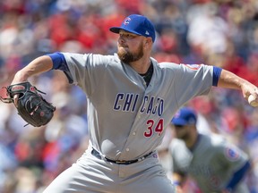 Chicago Cubs starting pitcher Jon Lester (34) throws in the first inning of a baseball game against the Philadelphia Phillies, Sunday, Sept. 2, 2018, in Philadelphia.