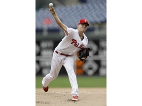 Philadelphia Phillies' Nick Pivetta pitches during the first inning of the first game of a baseball doubleheader against the Washington Nationals, Tuesday, Sept. 11, 2018, in Philadelphia.
