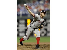 Washington Nationals' Stephen Strasburg pitches during the first inning of a baseball game against the Philadelphia Phillies, Wednesday, Sept. 12, 2018, in Philadelphia.