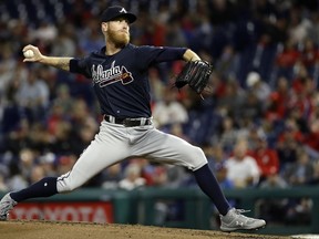 Atlanta Braves' Mike Foltynewicz pitches during the second inning of the team's baseball game against the Philadelphia Phillies, Friday, Sept. 28, 2018, in Philadelphia.