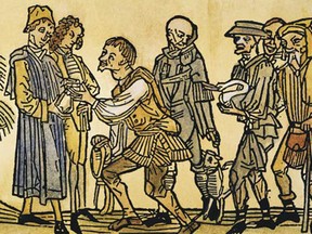 In this 15th century woodcut, serfs pay taxes to their lord in cash and with livestock.