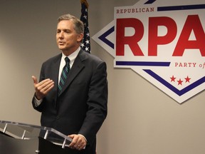 In this Aug. 27, 2018, photo, Republican U.S. Rep. French Hill talks at a news conference at the Republican Party of Arkansas headquarters in Little Rock, Ark. Hill is being challenged in Arkansas' 2nd Congressional District by Democrat Clarke Tucker, a state representative.