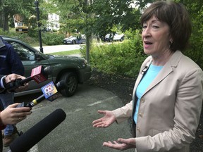 U.S. Sen. Susan Collins (R-Maine), speaks to the media on Friday, Sept. 21, 2018, in Portland, Maine. Collins said she's "appalled" by President Donald Trump's tweet criticizing Christine Blasey, accuser of Supreme Court nominee Brett Kavanaugh.