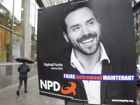 A campaign poster of Quebec NDP leader Raphael Fortin is seen in Montreal, Tuesday, Sept. 25, 2018.