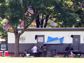 A temporary safe injection site trailer in Toronto's Moss Park which was recently shut down after a new site opened nearby.