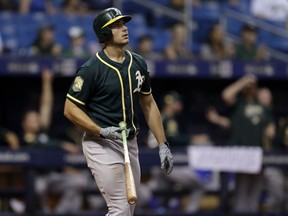 Oakland Athletics' Matt Olson watches his home run off Tampa Bay Rays pitcher Yonny Chirinos during the sixth inning of a baseball game, Saturday, Sept. 15, 2018, in St. Petersburg, Fla.