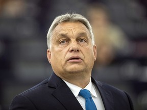 Hungary's Prime Minister Viktor Orban delivers a speech at the European Parliament in Strasbourg, eastern France, Tuesday Sept.11, 2018.