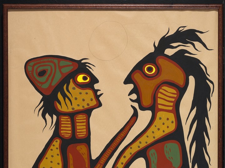  This 1975 painting by Norval Morrisseau shows a priest-like character handing the gift of smallpox to an aboriginal adult and child.
