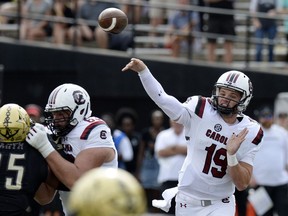 CORRECTS DATE South Carolina quarterback Jake Bentley (19) passes against Vanderbilt during the first half of an NCAA college football game Saturday, Sept. 22, 2018, in Nashville, Tenn.