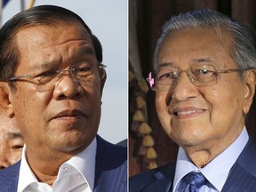FILE - In this combination of two photos showing Cambodian Prime Minister Hun Sen, left, in Phnom Penh, Cambodia, on Aug. 1, 2018, and Malaysia's Prime Minister Mahathir Mohamad in Putrajaya, Malaysia, on Aug. 13, 2018. Two veteran Southeast Asian leaders appearing at the United Nations present a microcosm of a dynamic region enjoying rapid economic growth but struggling to fan away egregious human rights problems that follow it like a bad smell. Mahathir has shed his authoritarian past while Hun Sen comes to New York having won all the seats in an election after outlawing his main political opposition.