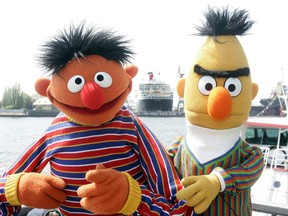 In this May 9, 2006, file photo, Ernie and Bert of "Sesame Street" pose in front of the Queen Mary II in the harbour of Hamburg, Germany.