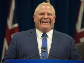 Ontario Premier Doug Ford speaks to reporters in Toronto, on Monday, September 10, 2018.